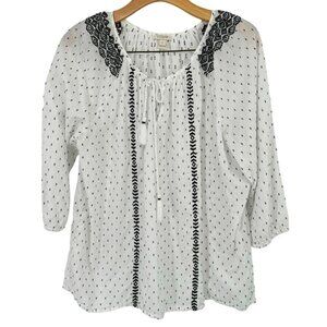 JCrew Womens Blouse Size Large White Black  Cotton Blend Peasant Top embroidered
